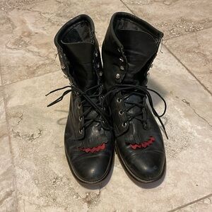 Black Laredo kiltie boot with red toe frill